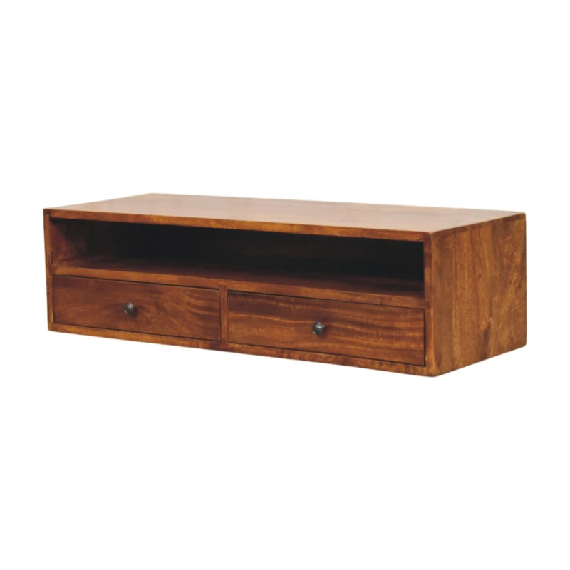 Image of Artisan Furniture Artisan Furniture Solid Wood Lunar Chestnut Wall Mounted Media Unit, 2 Drawers and Open Shelf, Dark Brown