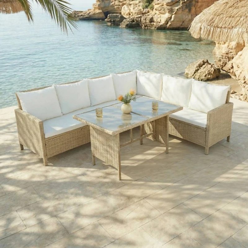 Image of Home Garden Direct Alia Rattan Corner 6 Seater Sofa Dining Set with Glass Table Natural Natural Unisex