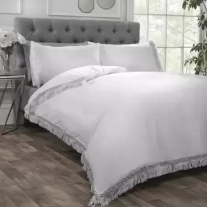 Image of Tia Trelis White Duvet Set, Lace, Fringe trimmed detail - White