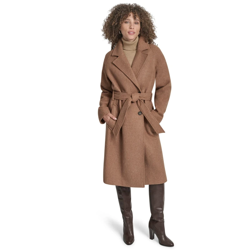 Image of DKNY Womens Wrap Overcoat Dark Camel female 8 (XS)