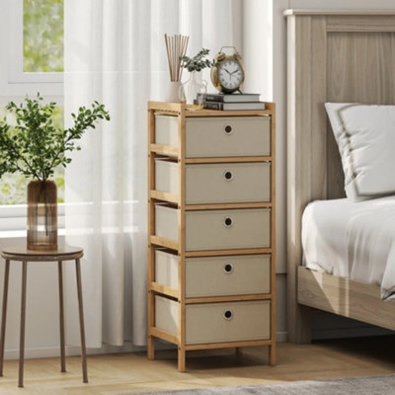 Image of Homcom Chest Of Drawers, 5 Drawers Dresser With Bamboo Frame, Cream White