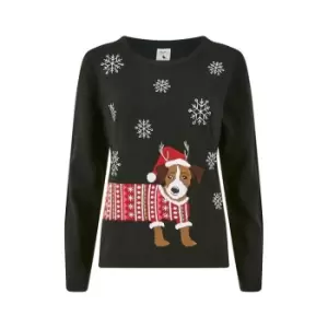 Image of Yumi Black Xmas Sausage Dog Knitted Jumper - Black