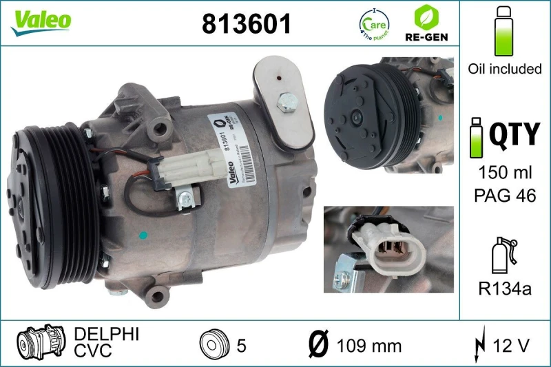 Image of VALEO 813601 AC Compressor REMANUFACTURED, PAG 46, Refrigerant: R134a, with PAG compressor oil Compressor,air conditioning (447)
