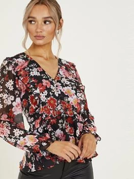 image of Quiz Black Floral Chiffon Peplum Top - 8