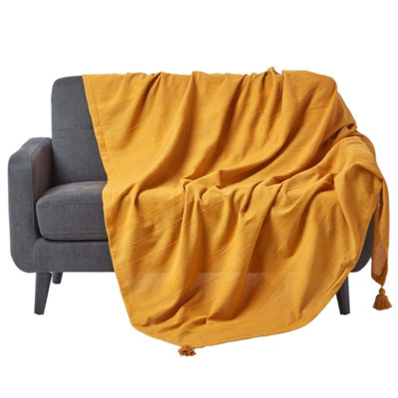 Image of Homescapes Cotton Rajput Ribbed Mustard Throw, 225 X 255Cm