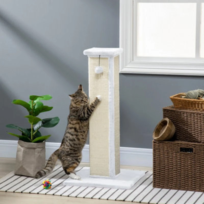 Image of PawHut Cat Scratching Post 81cm Cat Scratcher w/ Hanging Ball, Soft Plush White