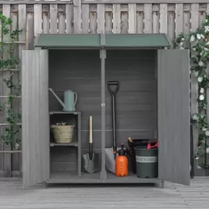 image of Outsunny Garden Wood Storage Shed w/ Storage Table, Asphalt Roof, Double Door Lockable Sheds & Outdoor Storage Tool Organizer, 139 x 75 x 160cm, Grey