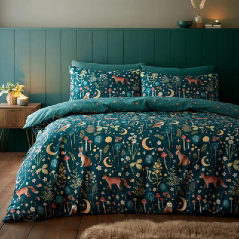 Image of Catherine Lansfield Enchanted Twilight Forest Green Duvet Cover Set Double Bedding Set