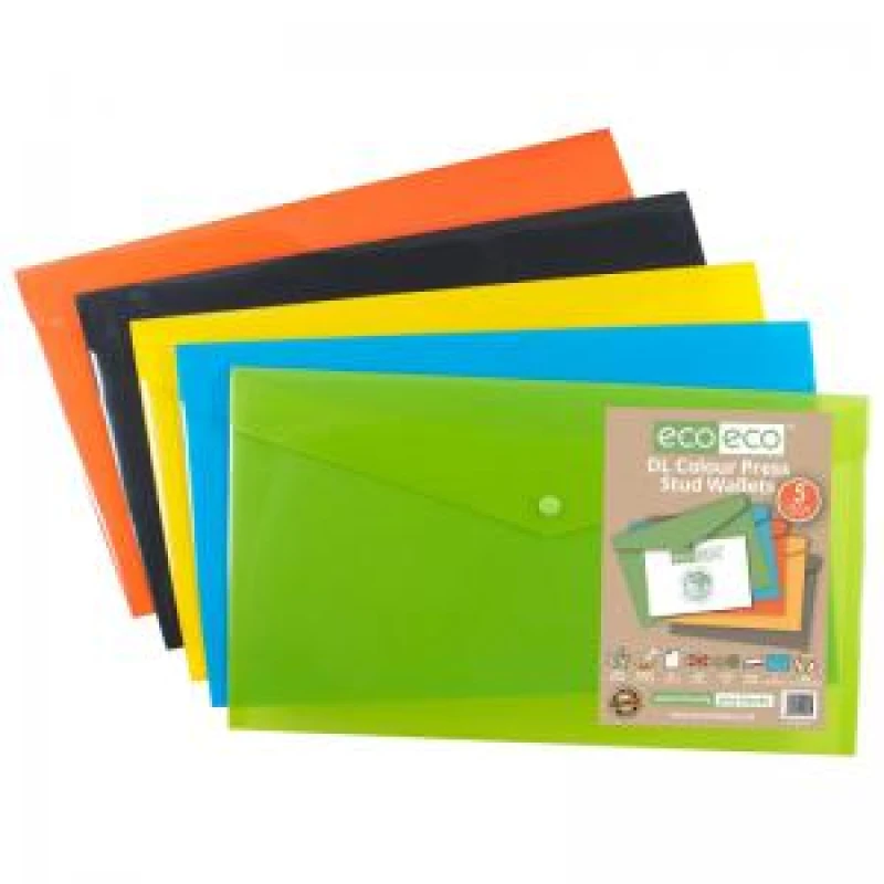 Image of Eco Eco 50% Recycled Colour Press Stud Wallets DL Assorted (5 Pack) eco079-S