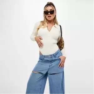 Image of Missguided Collared Rib Knit Bodysuit - Cream