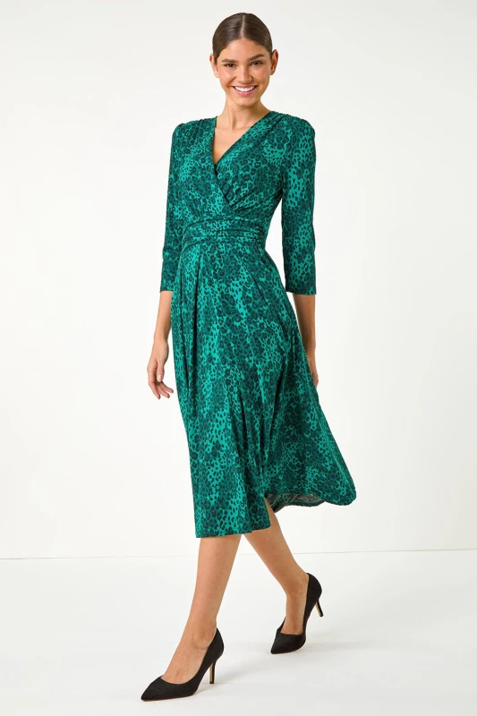 Image of Roman Womens Animal Print Mock Wrap Midi Dress in Green Size: 10 Green Female 10
