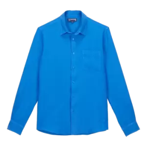 Image of Men Linen Shirt Solid - Caroubis - Blue - Size L - Vilebrequin