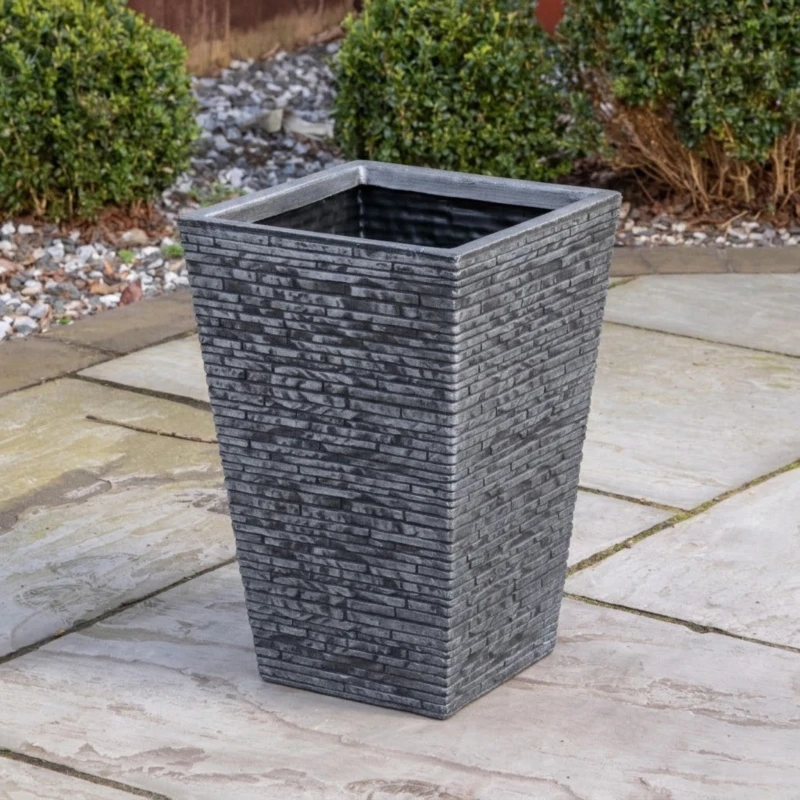 Image of 30cm x 45cm Large Square Plastic Slate Effect Garden Planter in Dark Grey