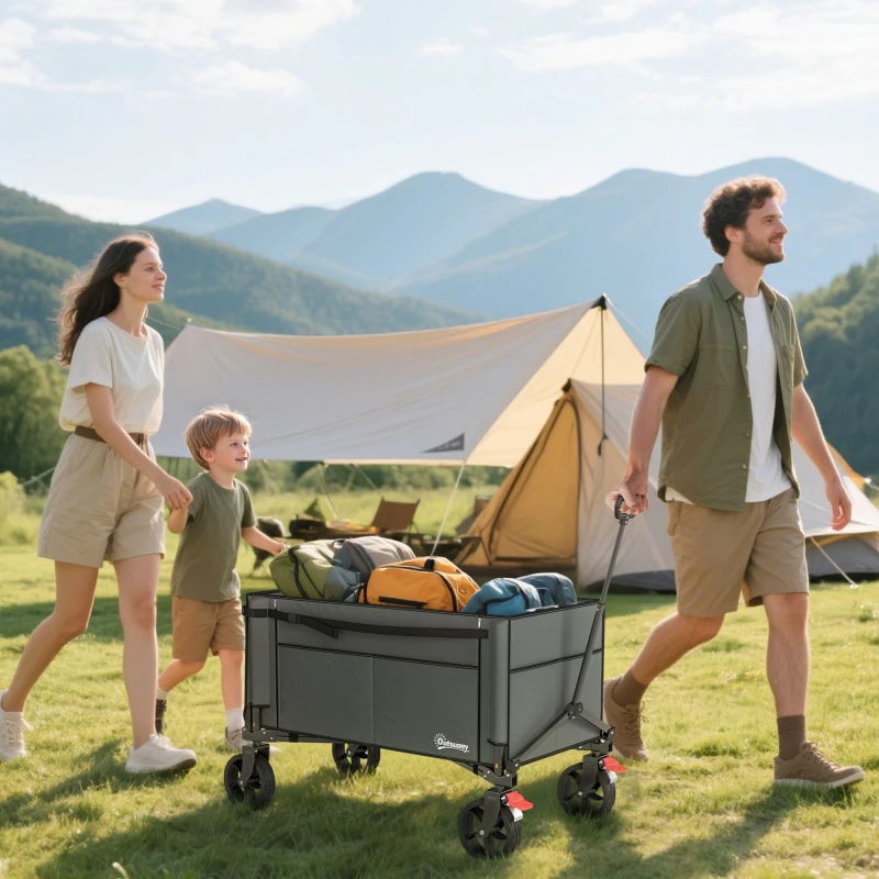 Image of OUTSUNNY Folding Trolley on Wheels, Garden Cart with Openable Sides in Grey Grey Unisex