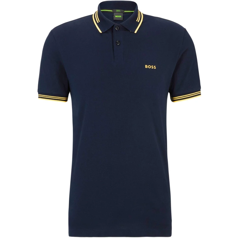 Image of Boss Mens HBG Paul Polo Contrast Striped Trim Shirt Navy/Gold 401 male L