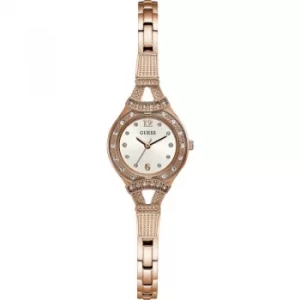 image of GUESS Ladies rose gold watch, white dial and rose gold bracelet.