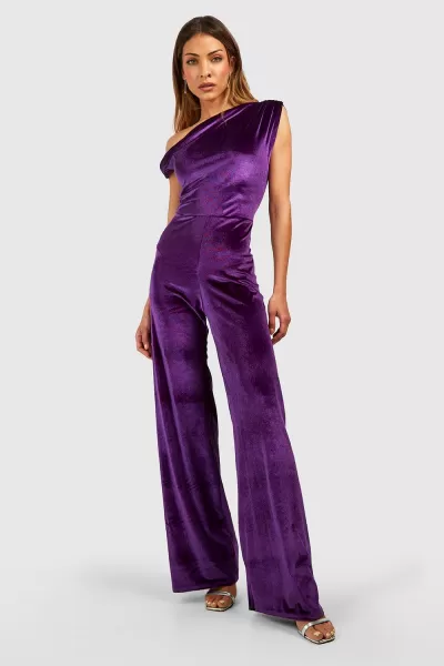 Image of Velvet Drape Off Shoulder Wide Leg Jumpsuit