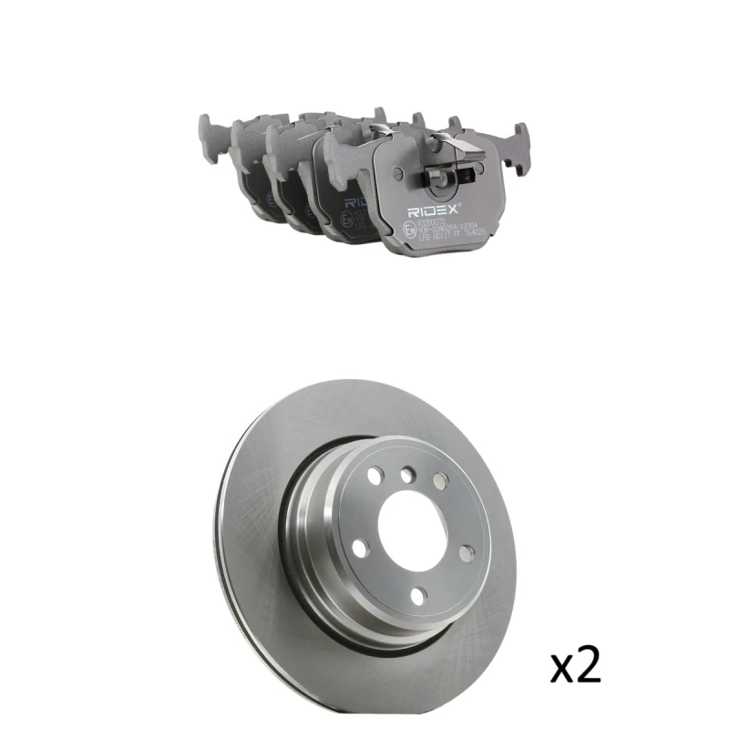 Image of RIDEX 3405B1888 Brake disc and pads set Rear Axle, Brake Disc Type: Externally Vented, prepared for wear warning indicator Brake Set,disc brakes (340