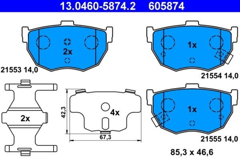 Image of ATE 13.0460-5874.2 Brake pad set with acoustic wear warning, with accessories, with anti-squeak plate Brake Pad Set,disc brake (402)