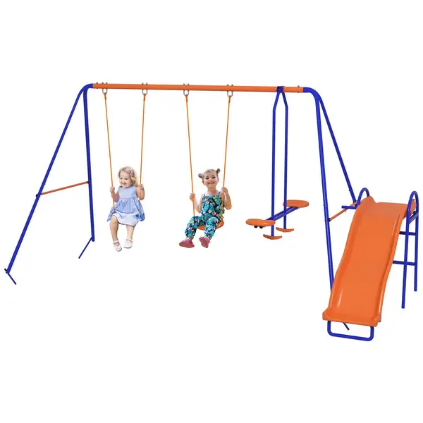 image of Outsunny 4 in 1 Garden Swing Set with Double Swings, Glider, Slide, Ladder for Outdoor Multi