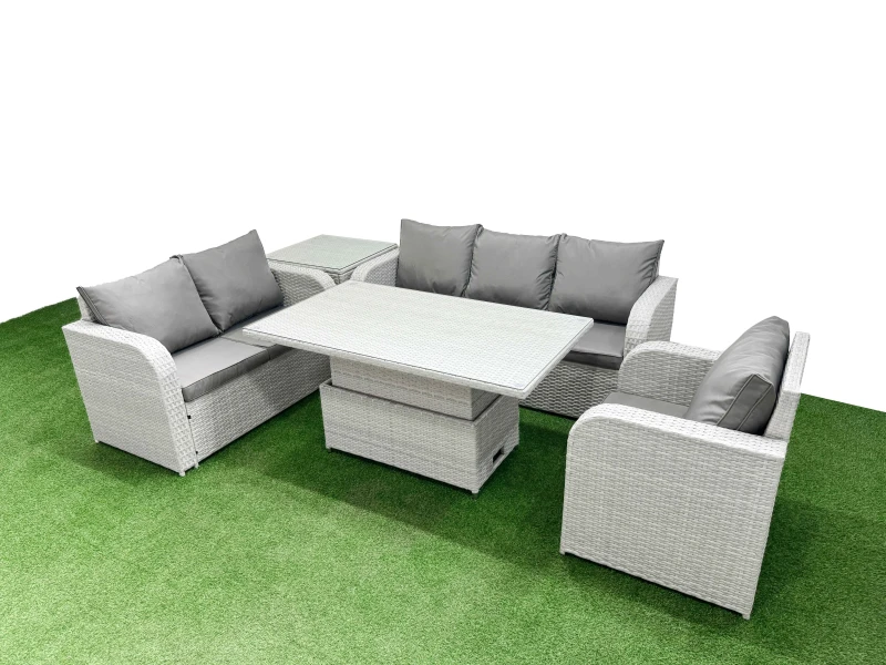 Image of FIMOUS Fimous - Patio pe Wicker 6 Seater Outdoor Rattan Furniture Sofa Sets with Adjustable Lifting Dining or Coffee Table Reclining Chair Loveseat So
