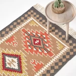 Image of Jaipur Handwoven Brown and Orange Patterned Kilim Wool Rug, 120 x 170cm - Multi Colour - Homescapes