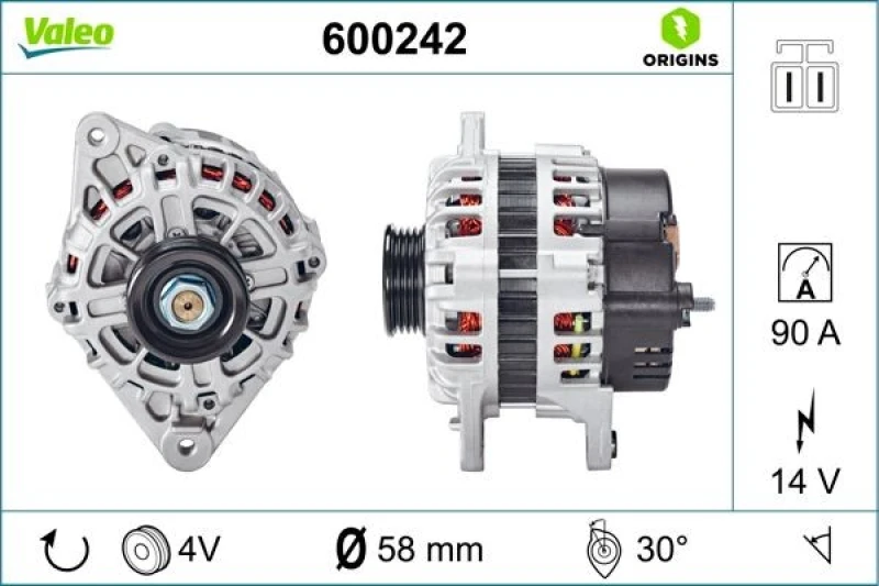 Image of VALEO 600242 Generator VALEO ORIGINS NEW OE TECHNOLOGY Alternator Charging Current: 90A, Voltage: 14V, NEW Original PART Alternator (4)