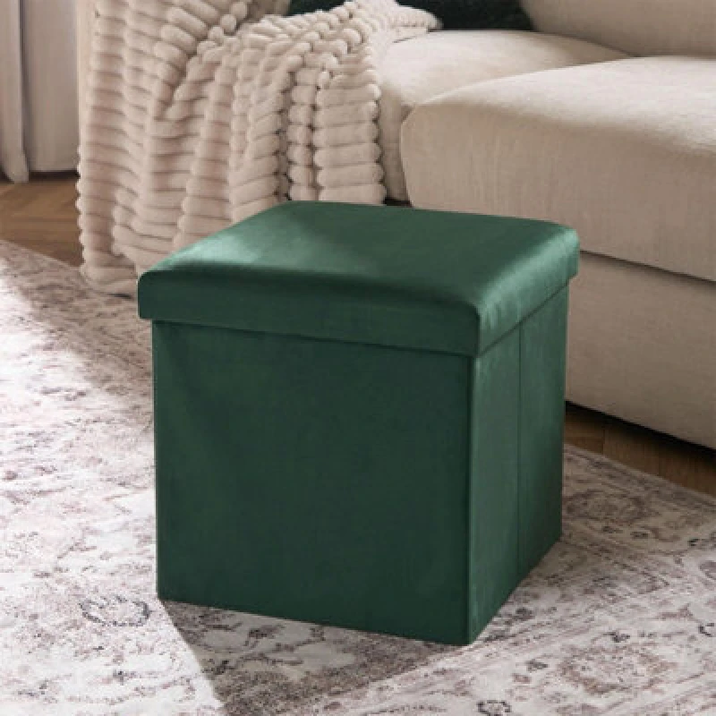 Image of OHS OHS Folding Ottoman Storage Box Footstool Tub Space Saving Velvet Seat in Dark Green Dark Green One Size Unisex 5027434215690