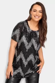 image of Zig Zag Print Sequin T-Shirt