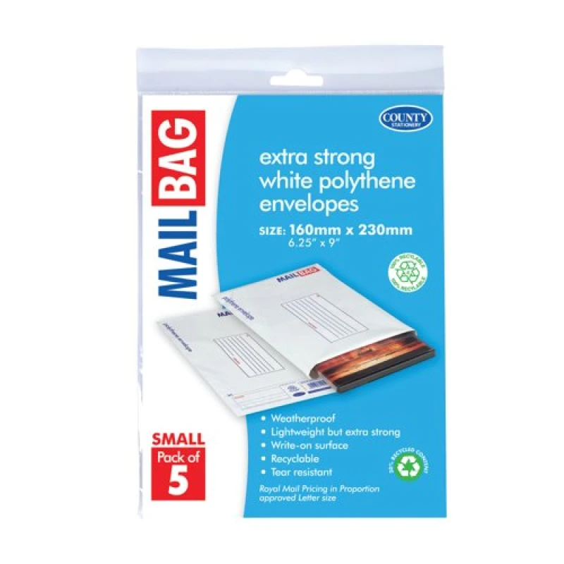 Image of County Stationery Mail Bag Envelopes Extra Strong Polythene 10x5 Small 160x230mm White (50 Pack) C260