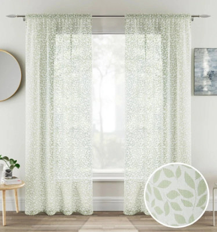 Image of Tyrone Textiles Willow Leaf Print Linen-Look Voile Panel - Pair Green