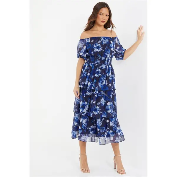 image of Quiz Floral Chiffon Bardot Midi Dress - Blue 8