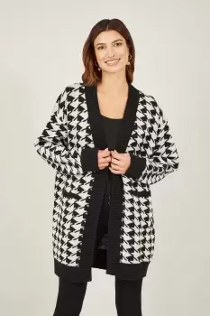 image of Black Dogtooth Intarsia Knit Long Cardigan