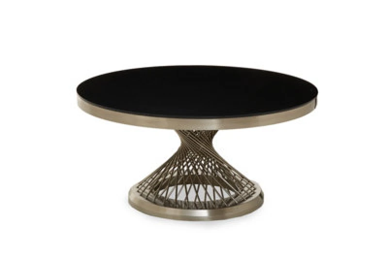 Image of Orsina Coffee Table With Silver Base, Round Black Glass Top Modern Coffee Table, Contemporary Coffee Table