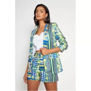 I Saw It First Blue Ruched Sleeve Printed Blazer - Blue