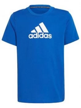 Image of adidas Junior Boys Badge of Sport Shirt Sleeve T-Shirt - Blue/White, Size 11-12 Years