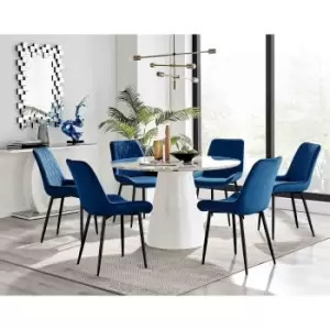 Image of Furniture Box Palma White Marble Effect Round Dining Table and 6 Navy Pesaro Black Leg Chairs
