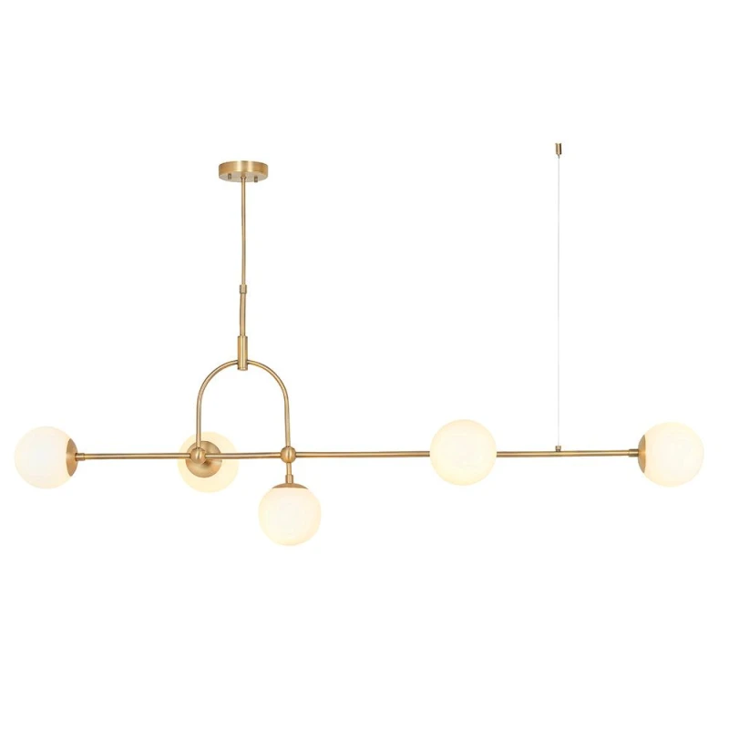 Image of Loops Antique Brass Linear Ceiling Pendant Light - Opal Glass Shade - Adjustable Stem Clear