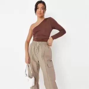Image of Missguided Petite One Shoulder Slinky Bodysuit - Brown