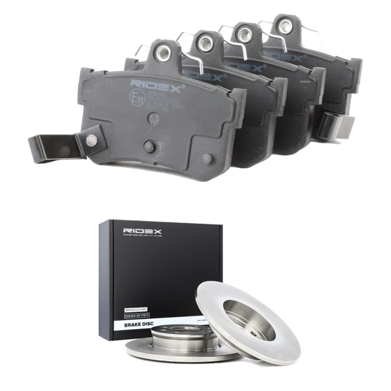 Image of RIDEX 3405B2484 Brake disc and pads set Rear Axle, Brake Disc Type: Solid, with acoustic wear warning Brake Set,disc brakes (3405)