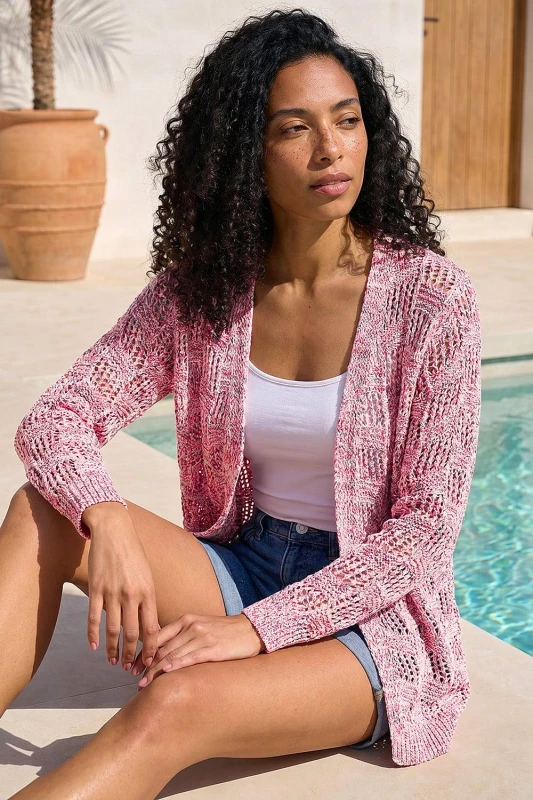 Image of Roman Womens Tape Knit Cotton Blend Cardigan in Pink Size: 18 Pink Female 18