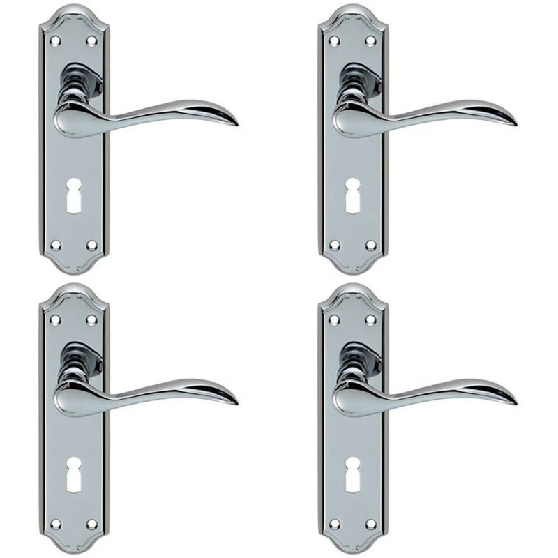 Image of Loops 4x PAIR Curved Door Handle Lever on Lock Backplate 180 x 45mm Polished Chrome Multi