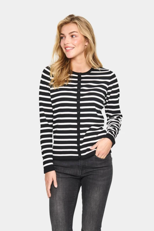 Image of Saint Tropez MilaSZ Striped Buttons Slim Fit Cardigan- Black
