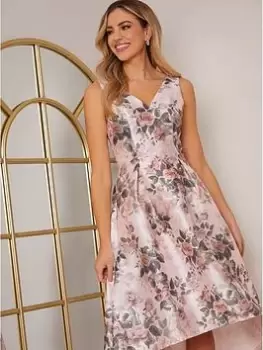Image of Chi Chi London Sleeveless Floral Print Dip Hem Dress - Pink, Size 8, Women