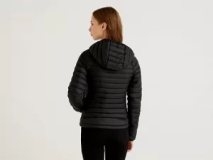 Benetton, Black Puffer Jacket With Hood, taglia 46, Black, Women