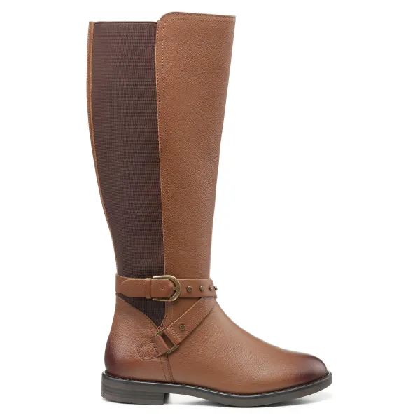 Image of Hotter Dana Wide Fitting Leather Mix Buckle Trim Knee Boots - Tan, Brown, Size 6, Women