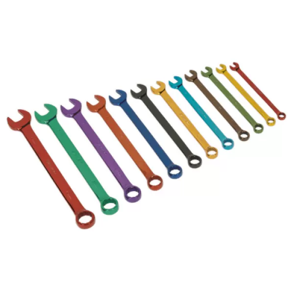 image of Genuine SEALEY S01074 Combination Spanner Set 12pc Multi-Coloured Metric