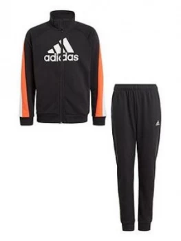 Image of adidas Boys Junior Badge Of Sport Cotton Tracksuit - Black/Orange, Size 11-12 Years