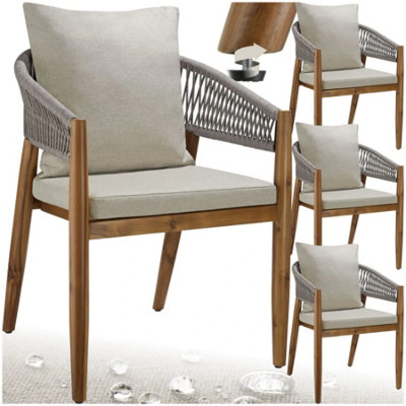Image of Tectake Garden Chair Manacor In A Corded Design With Acacia Wood Frame And Matching Cushions - Greige - Set Of 4