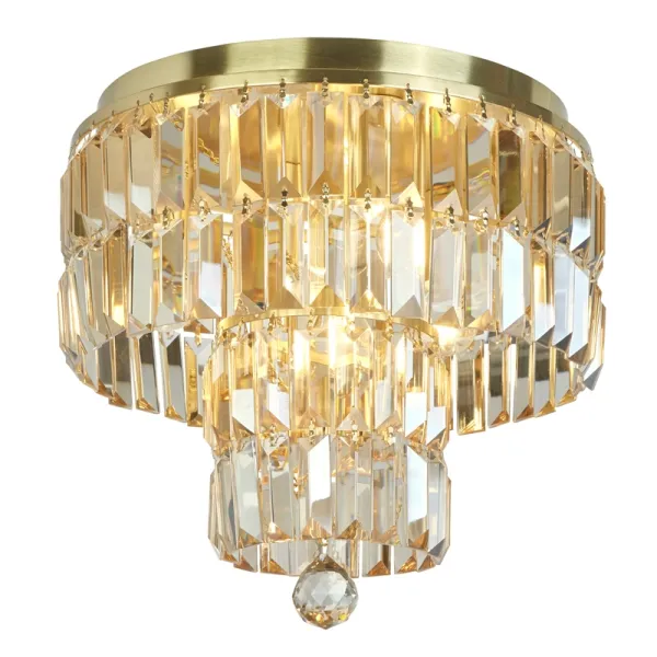 image of Searchlight Empire 4 Light Flush Ceiling Light - Satin Brass & Champagne Crystal